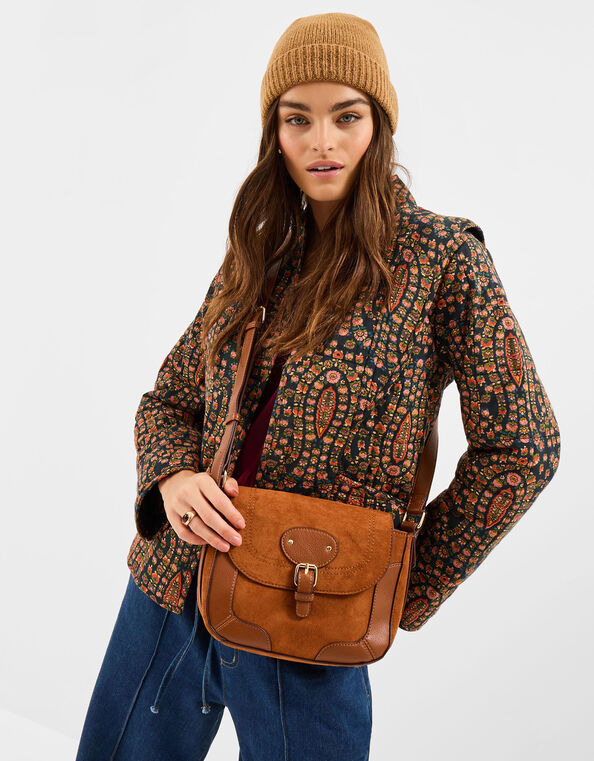 Saddle Buckle Crossbody Bag, Tan (TAN), large