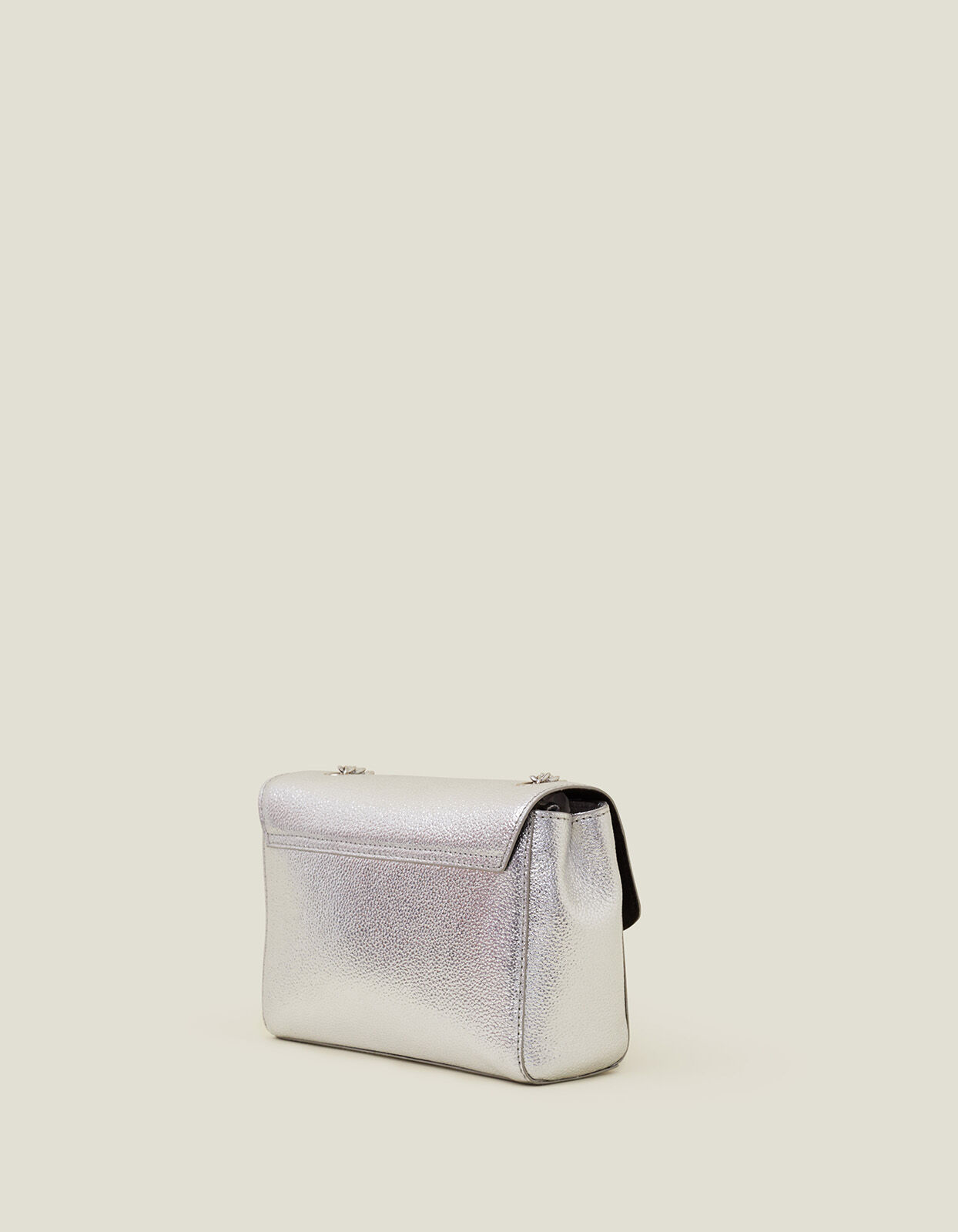 Leather Chain Twist Lock Bag Silver