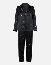 Spot Print Satin PJ Set, Black (BLACK WHITE), large