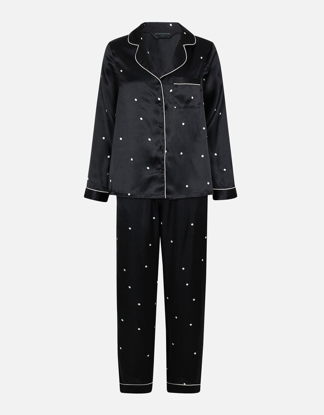 Spot Print Satin PJ Set, Black (BLACK WHITE), large