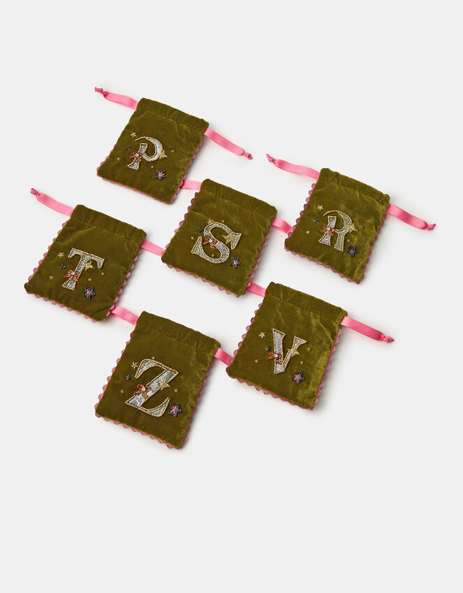 Embellished Initial Velvet Drawstring Bag, Green (OLIVE), large