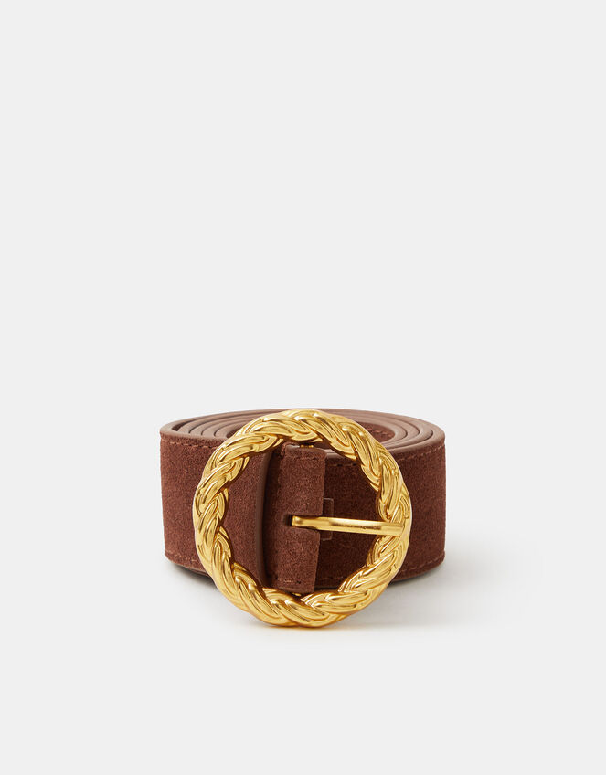 Textured Buckle Suede Belt, Tan (TAN), large
