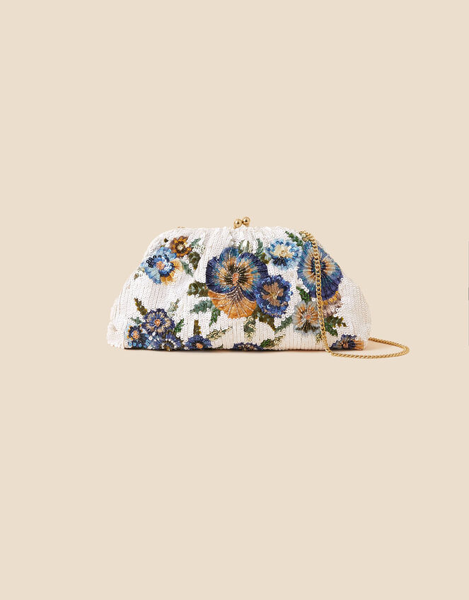 Floral Hand-Embellished Clip Frame Clutch, , large