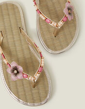 Flower Beaded Seagrass Flip Flops, Gold (GOLD), large