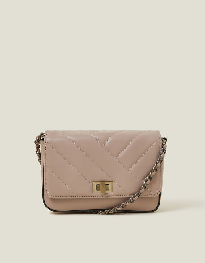 Chain Strap Faux Leather Cross-Body Bag, Mink (MINK), large