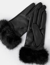 Faux Fur Cuff Leather Gloves, Black (BLACK), large