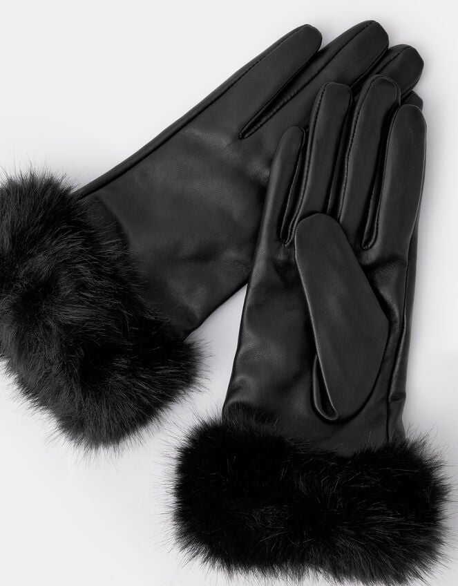 Faux Fur Cuff Leather Gloves, Black (BLACK), large