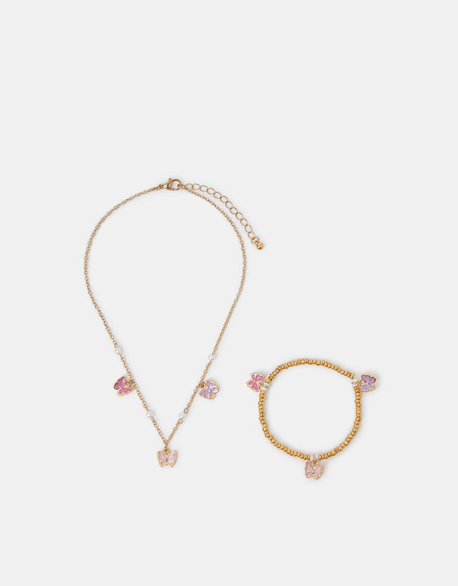 Girls Butterfly Charm Necklace and Bracelet Set, , large