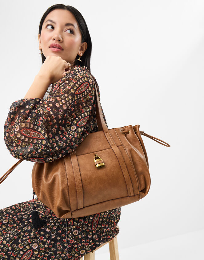 Padlock Ruched Shoulder Bag, Tan (TAN), large