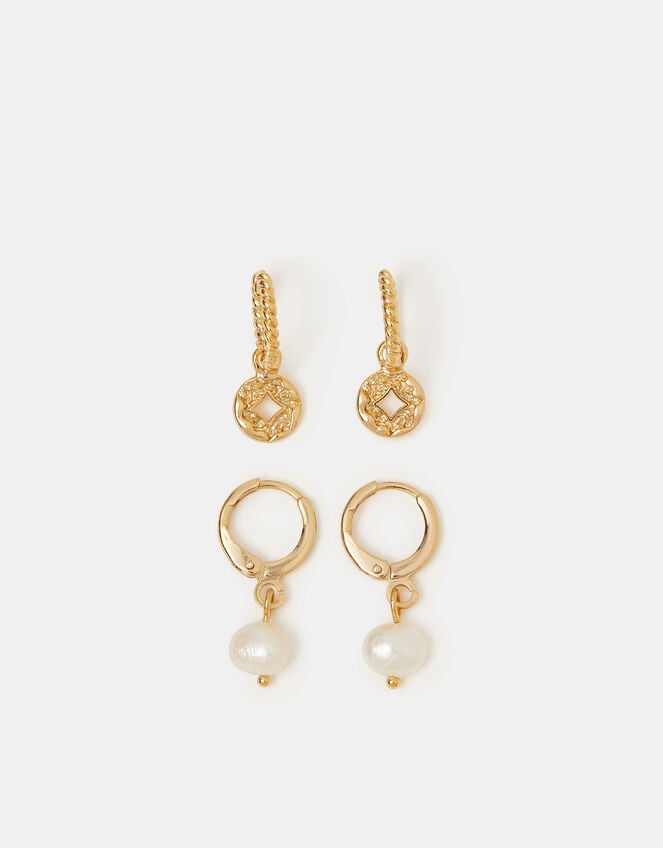 2-Pack 14ct Gold-Plated Pearl & Coin Hoop Earrings, , large