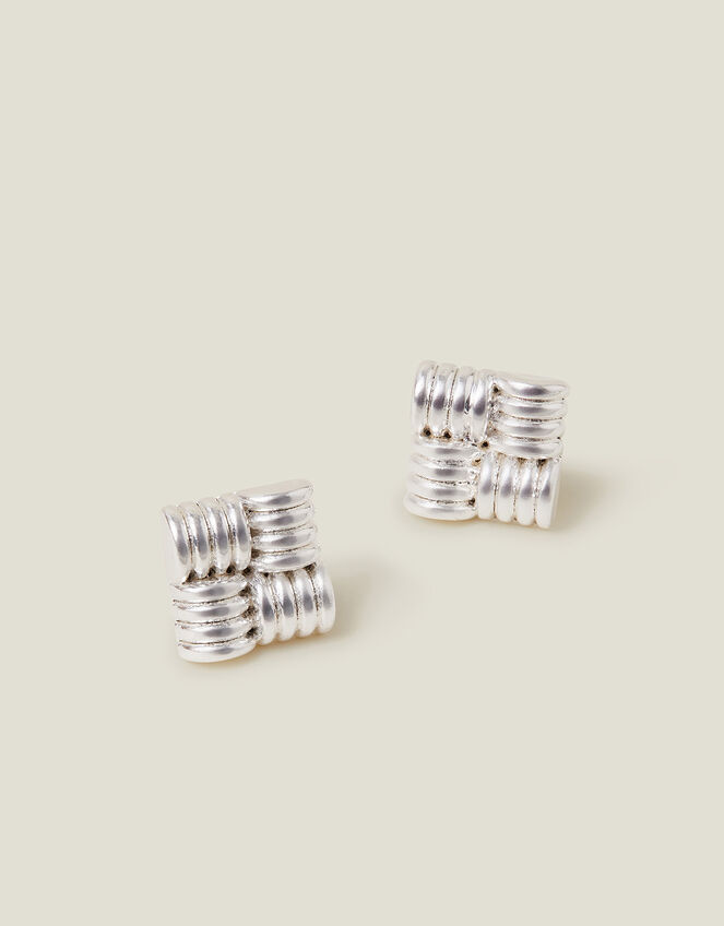 Sterling Silver-Plated Ridge Square Stud Earrings, , large