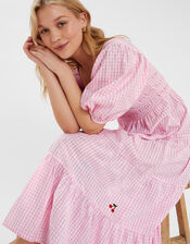 Cherry Gingham Puff-Sleeve Maxi Dress, Pink (PINK), large