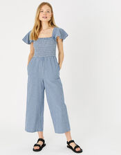 Gingham Print Smocked Jumpsuit, Blue (NAVY), large