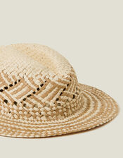 Two-Tone Woven Straw Fedora Hat, , large