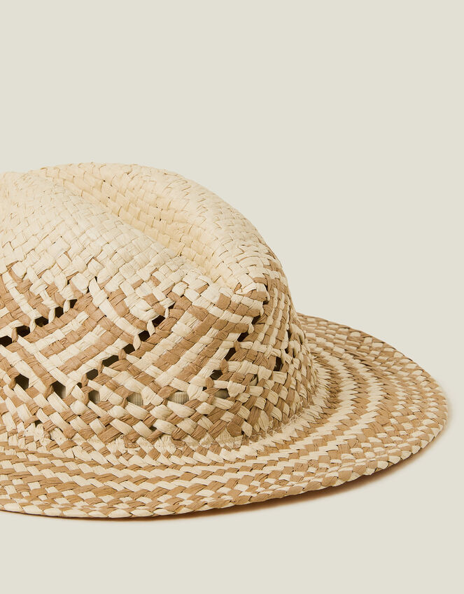 Two-Tone Woven Straw Fedora Hat, , large