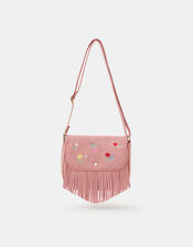Girls Floral Embroidered Fringe Crossbody Bag, , large