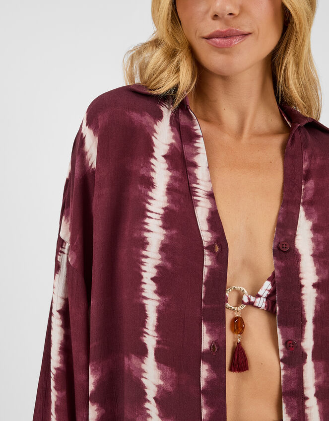 Tie Dye Long Sleeve Beach Cover Up Shirt, Red (BURGUNDY), large