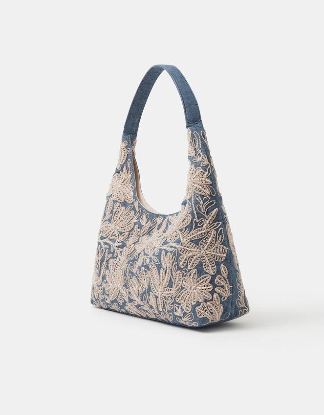 Embroidered Denim Shoulder Bag, , large