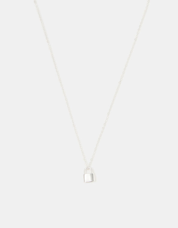Sterling Silver Lock Pendant Necklace, , large
