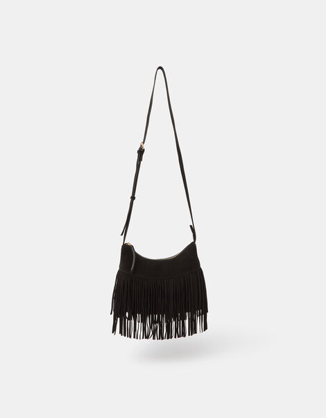 Fringe Suede Crossbody Bag, Black (BLACK), large