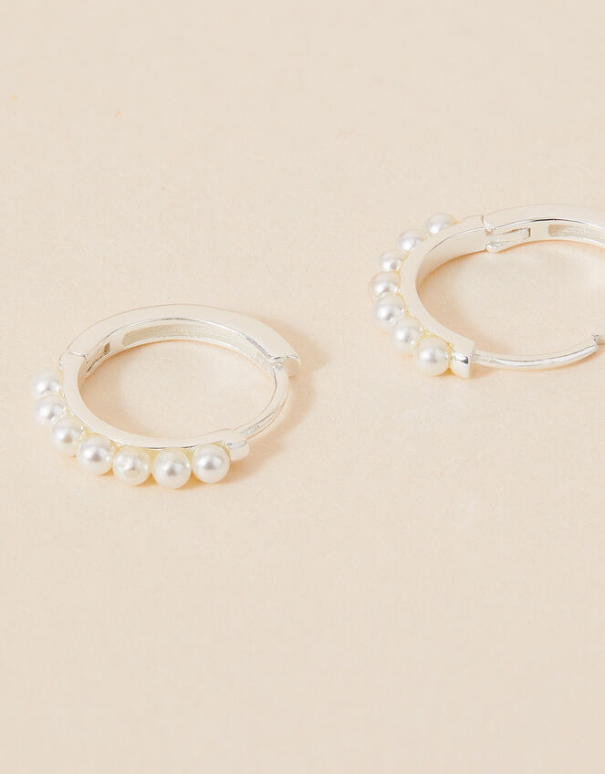 Sterling Silver-Plated Pearl Pave Huggie Hoops, , large