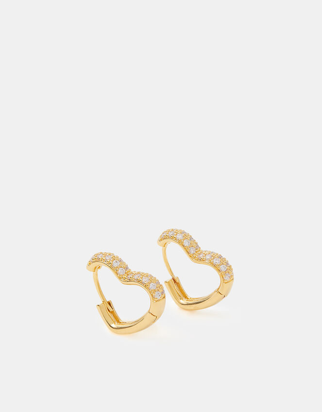 14ct Gold-Plated Diamanté Heart Hoop Earrings, , large