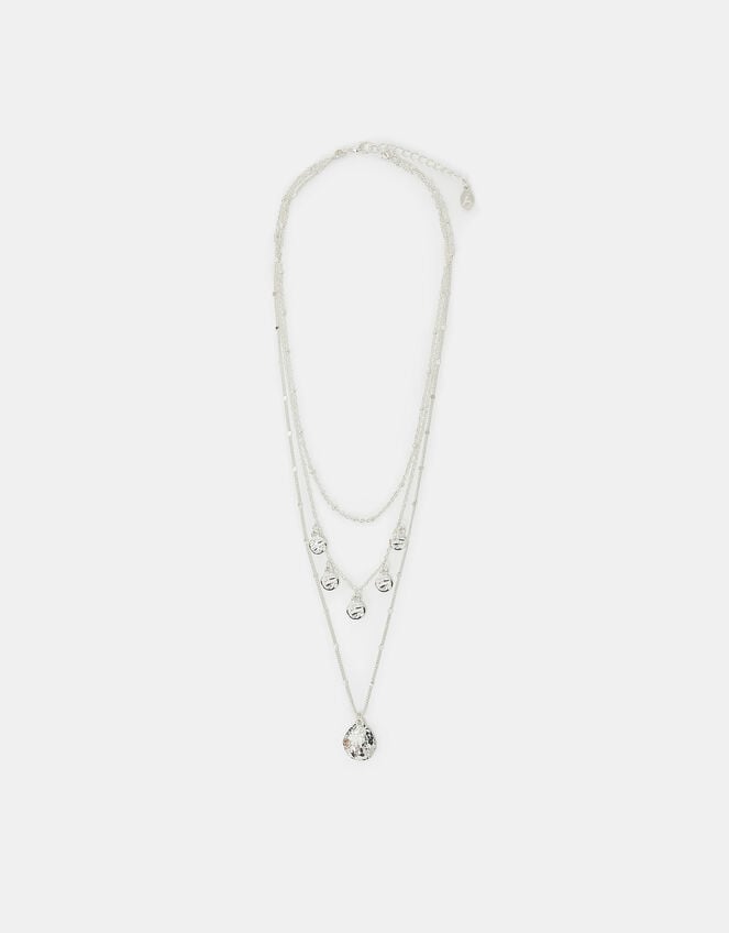 Textured Disc Charm Layered Necklace Silver, , large