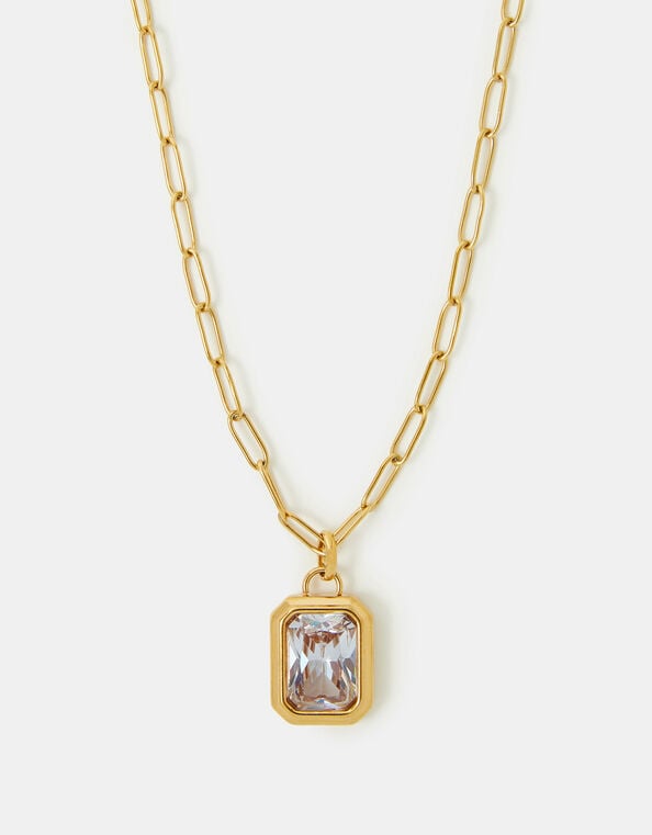 Stainless Steel Rectangle Stone Pendant Necklace, , large