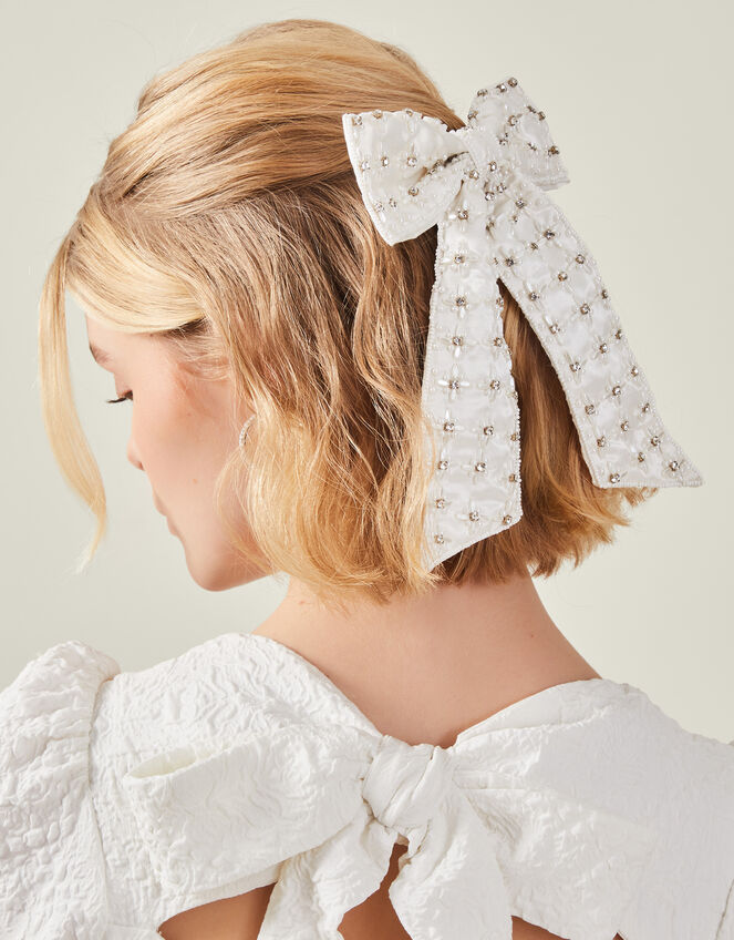 Pearl Diamante Bow Hair Clip, , large