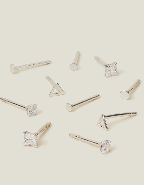 5-Pack Sterling Silver Shape Stud Earrings, Silver (ST SILVER), large