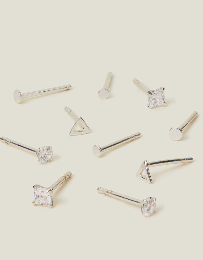 5-Pack Sterling Silver Shape Stud Earrings, Silver (ST SILVER), large