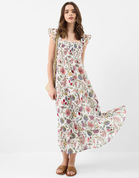 Floral Print Tiered Maxi Dress, Ivory (IVORY), large