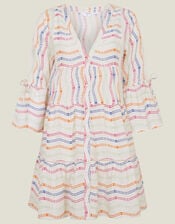 Stripe Flute Sleeve Dress, White (WHITE), large