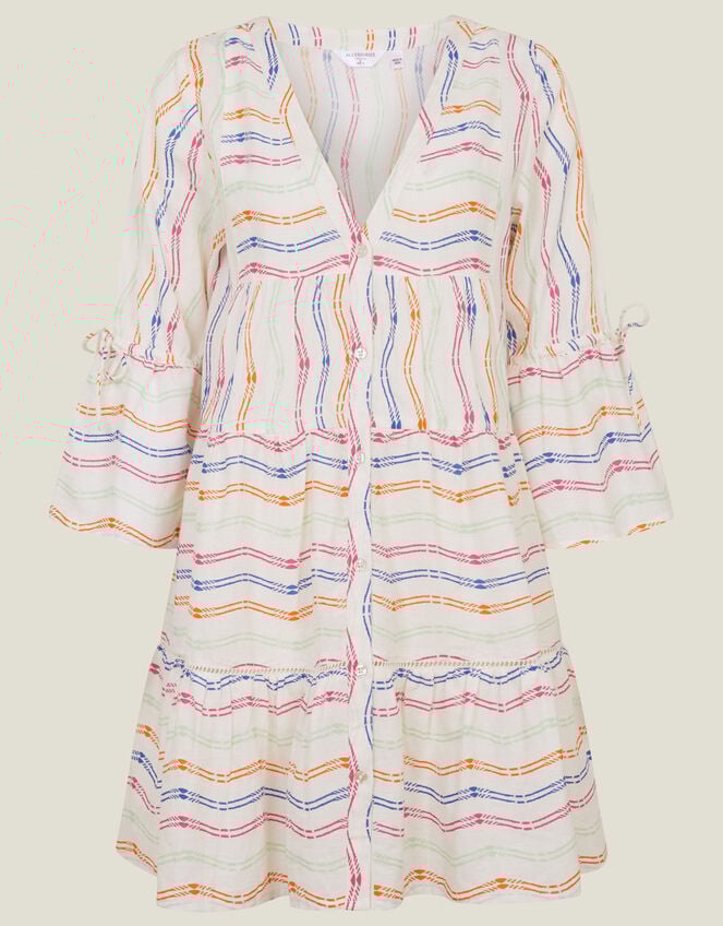 Stripe Flute Sleeve Dress, White (WHITE), large