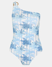 Palm Print One-Shoulder Swimsuit, White (WHITE), large