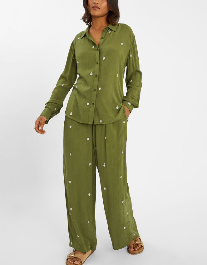 Embroidered Crinkle Shirt, Green (KHAKI), large