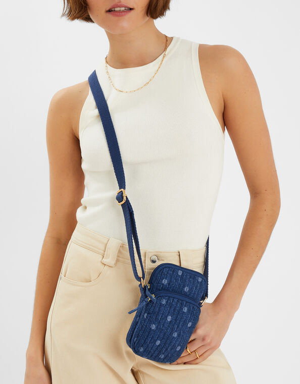 Polka Dot Denim Phone Bag, , large