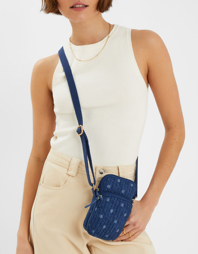 Polka Dot Denim Phone Bag, , large