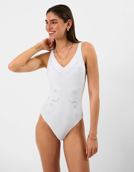 Floral Cutwork Swimsuit, White (WHITE), large