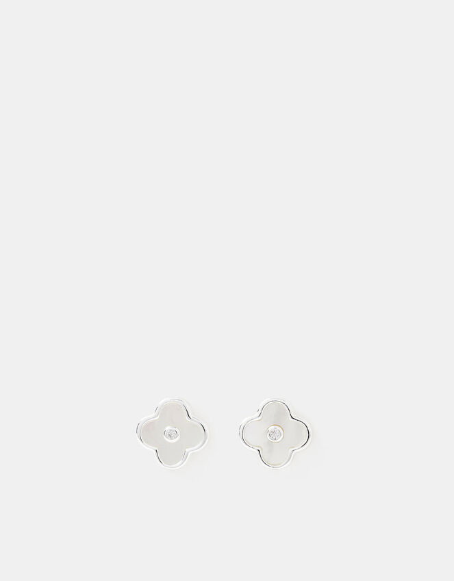 Sterling Silver Mother of Pearl Clover Stud Earrings, , large