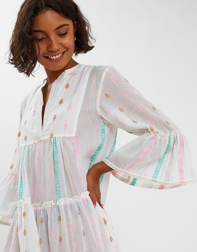 Jacquard Stripe Flute Sleeve Mini Dress, Pink (PINK), large