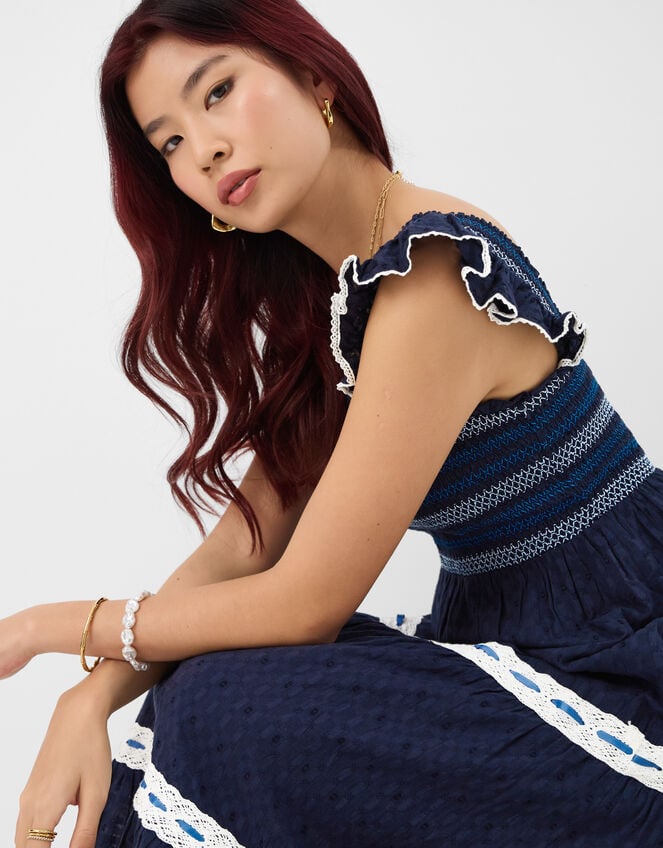 Smocked Lace Midi Dress, Blue (NAVY), large