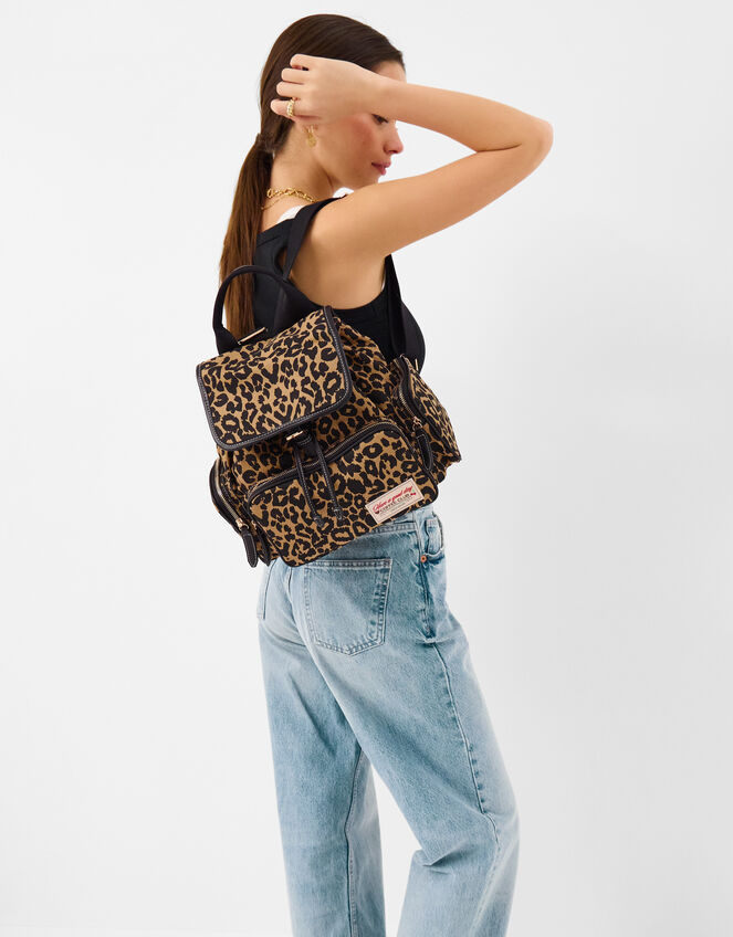Leopard Print Multi Pocket Backpack, , large