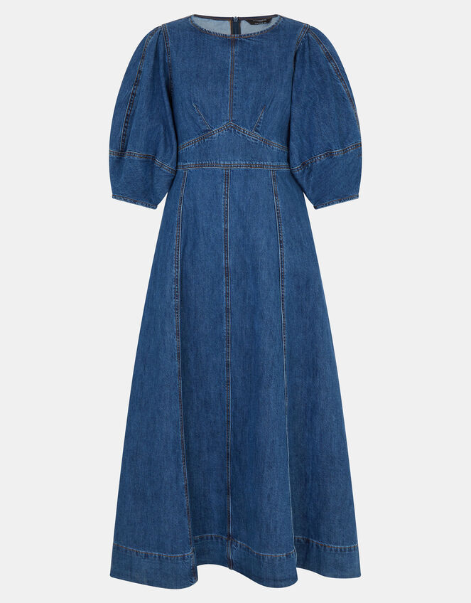 Puff Sleeve Denim Midi Dress, Blue (BLUE), large