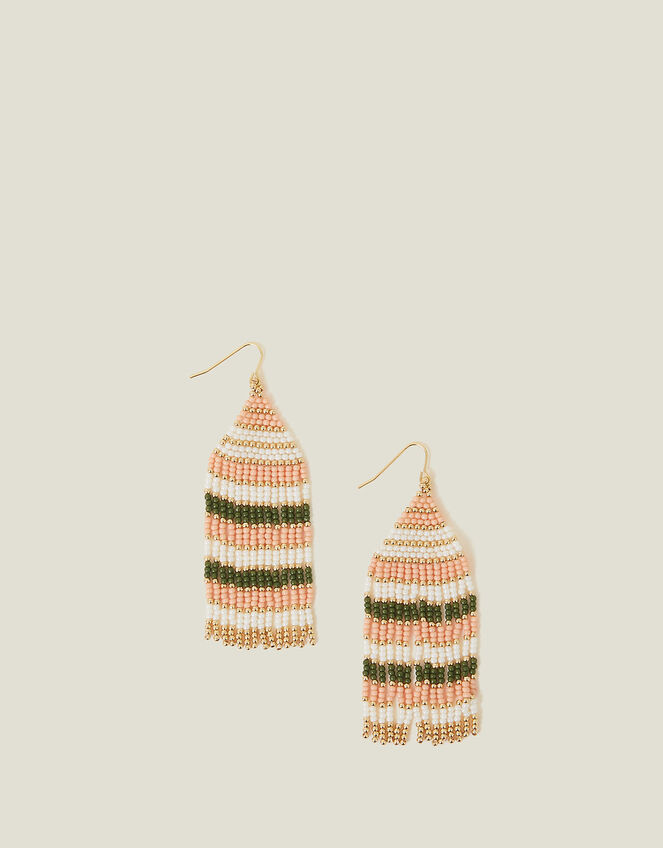Stripe Beaded Tassel Earrings, , large