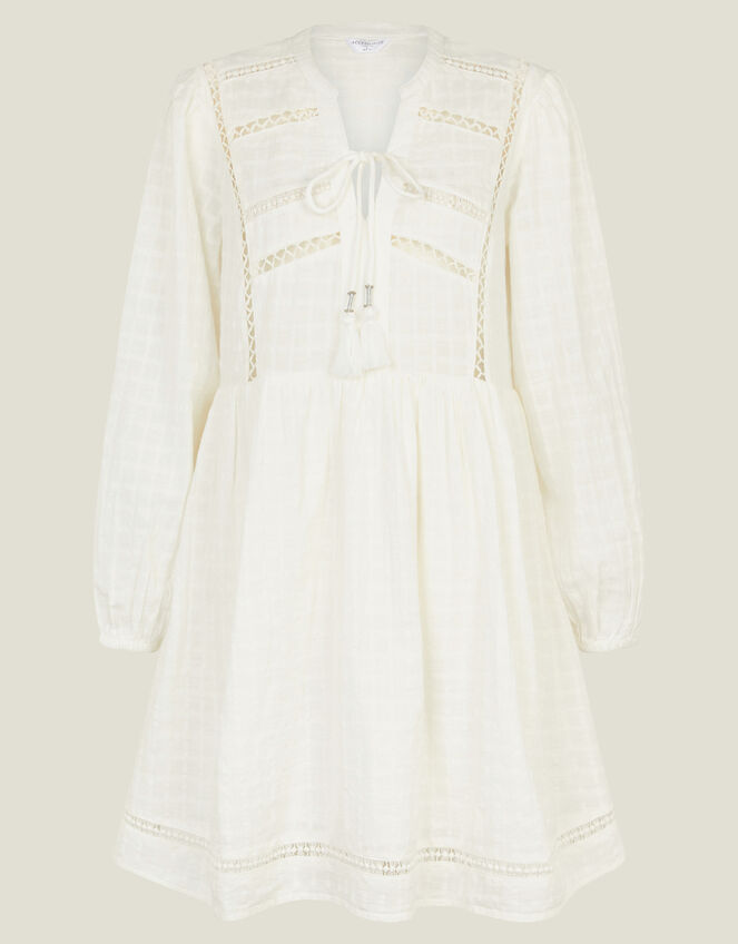 Lace Insert Long Sleeve Mini Dress, White (WHITE), large