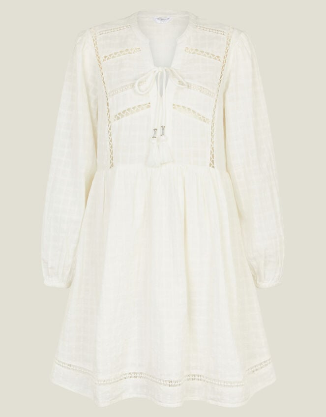 Lace Insert Long Sleeve Mini Dress, White (WHITE), large