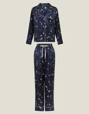 Star Print Satin Long Pyjamas Set, Blue (NAVY), large