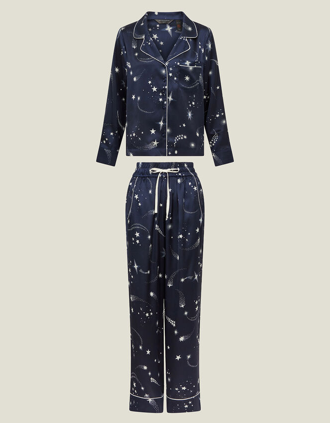 Star Print Satin Long Pyjamas Set, Blue (NAVY), large