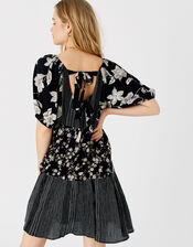 Check and Floral Puff Sleeve Dress, Black (BLACK), large
